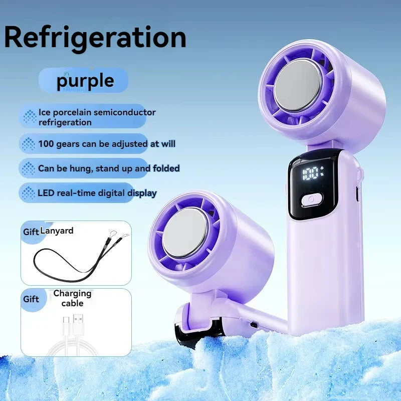 2025 Portable Hanging Ice Pack Neck Fan – High-Speed Folding Handheld Fan with 100-Speed Infinitely Adjustable Cooling for Outdoor Use