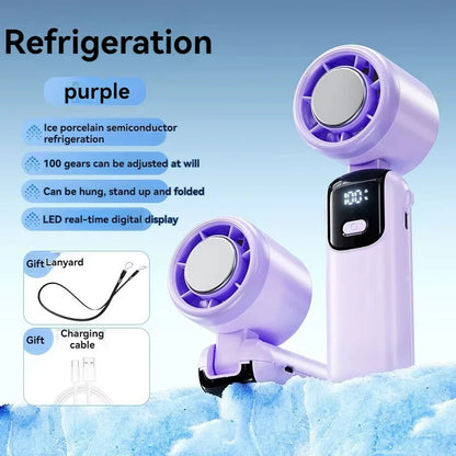 2025 Portable Hanging Ice Pack Neck Fan – High-Speed Folding Handheld Fan with 100-Speed Infinitely Adjustable Cooling for Outdoor Use