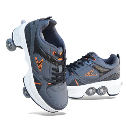 Dual Purpose Roller Skates Shoes - Adjustable Double Row 4-Wheel Deformation Roller Sneakers for Kids & Teens Size 33-44