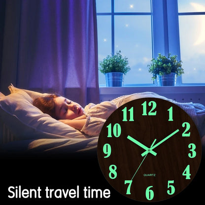 12-Inch Luminous Wall Clock — Nordic Wooden Silent Clock with Night Light, Non-Ticking Design for Dark Room