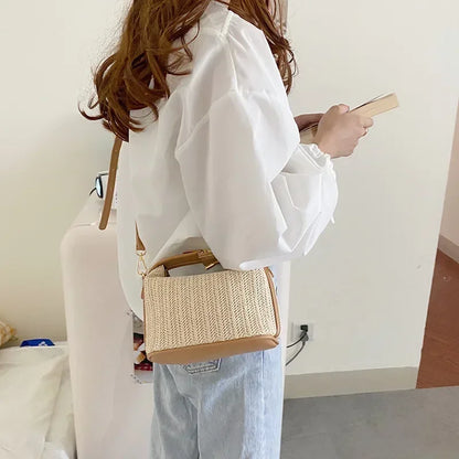 Summer Small Straw Handbag — Trendy Woven Bucket Crossbody Shoulder Bag, Casual Beach Tote for Girls