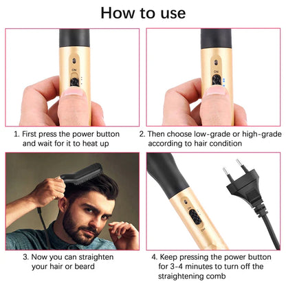Electric Hot Comb Straightener: Negative Ion Heating Brush for Quick Beard Hair Styling - Wet/Dry Use, Men's Hair Styler
