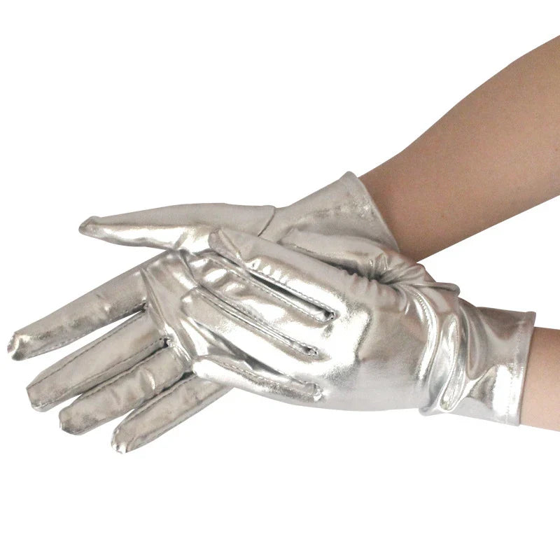 Gold Silver Metallic Faux Leather Short Gloves – Sexy Wet Look Party, Evening & Performance Mittens Handwear