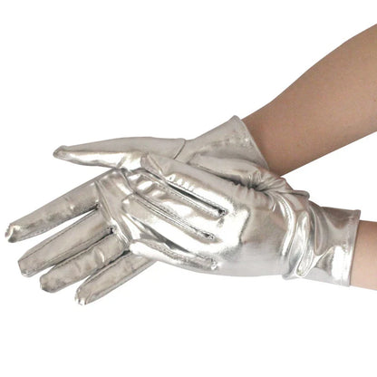 Gold Silver Metallic Faux Leather Short Gloves – Sexy Wet Look Party, Evening & Performance Mittens Handwear