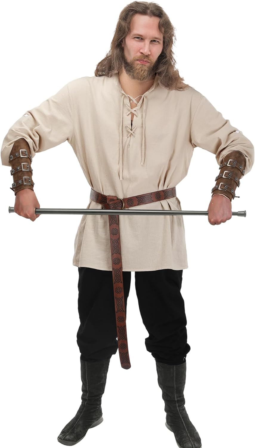 Jiuguva 4-Pcs Halloween Men's Renaissance Costume Set – Medieval Pirate Shirt, Ankle Banded Pants & Viking Belt Accessories