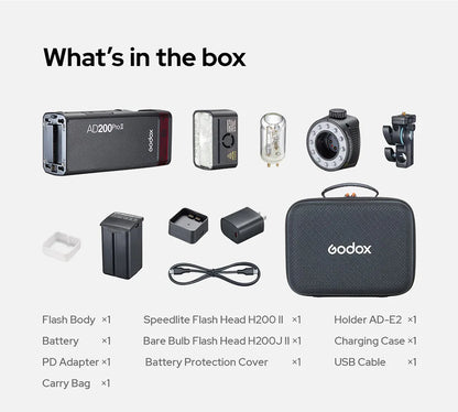 Godox AD200Pro II TTL Wireless Camera Pocket Flash – 2.4G, Compatible with X1T for Nikon, Canon, Sony, Fuji, Olympus