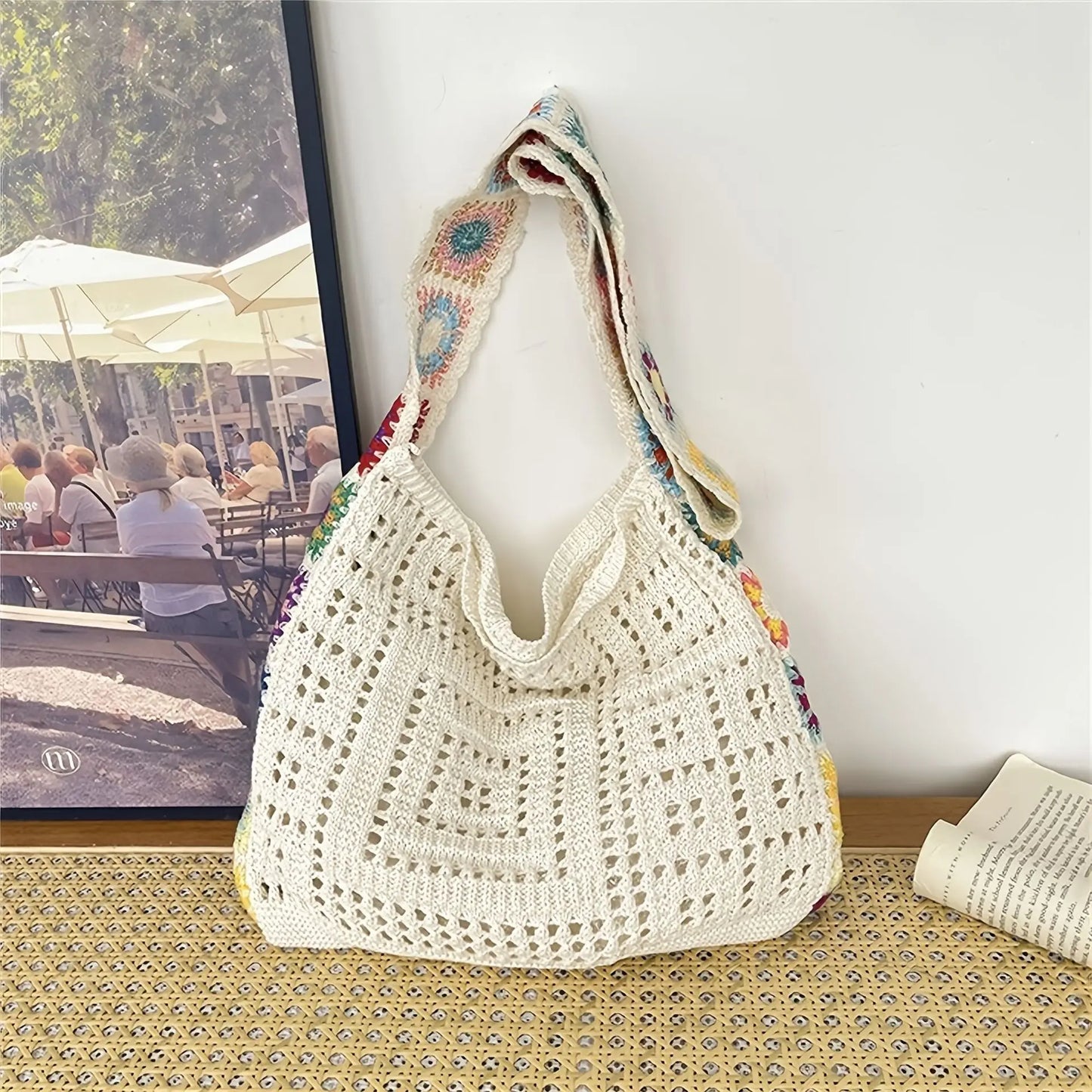 Women’s Boho Crochet Tote Bag – Floral Knitted Large Capacity Beach Shoulder Bag Summer Woven Shopper Handbag