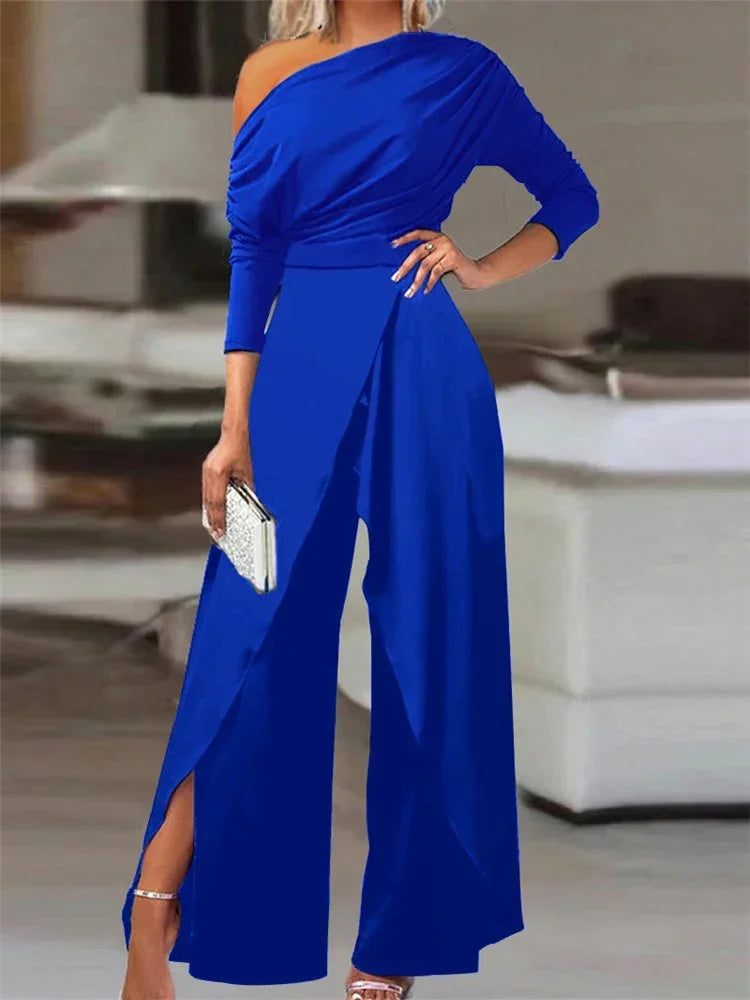 Women’s Elegant Jumpsuit 2025 – Spring Office Wear, Loose Ruched Cold Shoulder, Split Hem Wide Leg Plain Jumpsuit