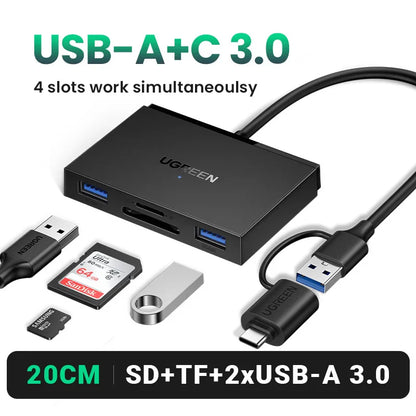 UGREEN 4-in-1 USB 3.0/USB-C Card Reader – SD, Micro SD, TF, CF, MS OTG Adapter for Laptop & PC