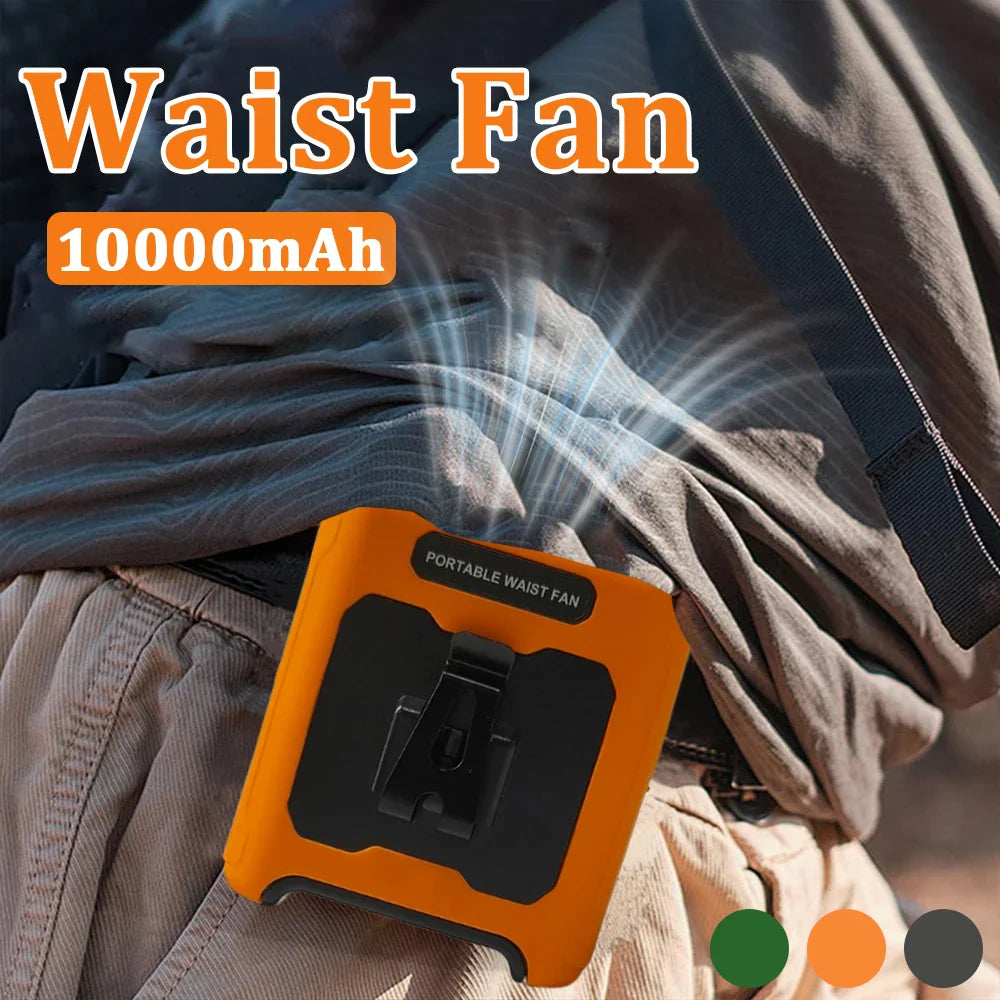 10000mAh Waist Clip Fan with Power Bank – Portable Hands-Free Rechargeable Fan | 5-Speed Cooling, Battery Display, USB Charging, Outdoor Wearable Fan