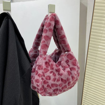 Leopard Plush Tote Bag - Soft Casual Underarm Shoulder Handbag for Women