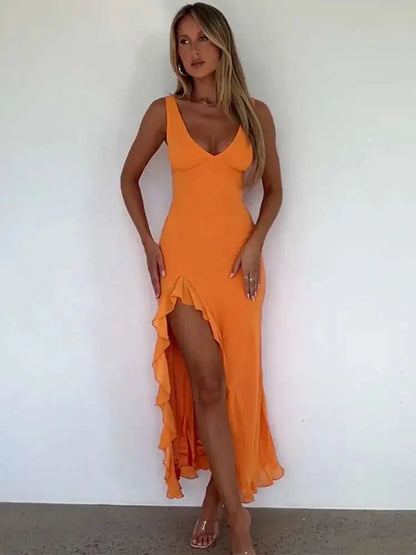 Avrilyaan Women’s Ruffle High Split Backless Midi Dress – Elegant Sexy Evening Party Summer Robe, Slim Fit Fashion Vestido 2024