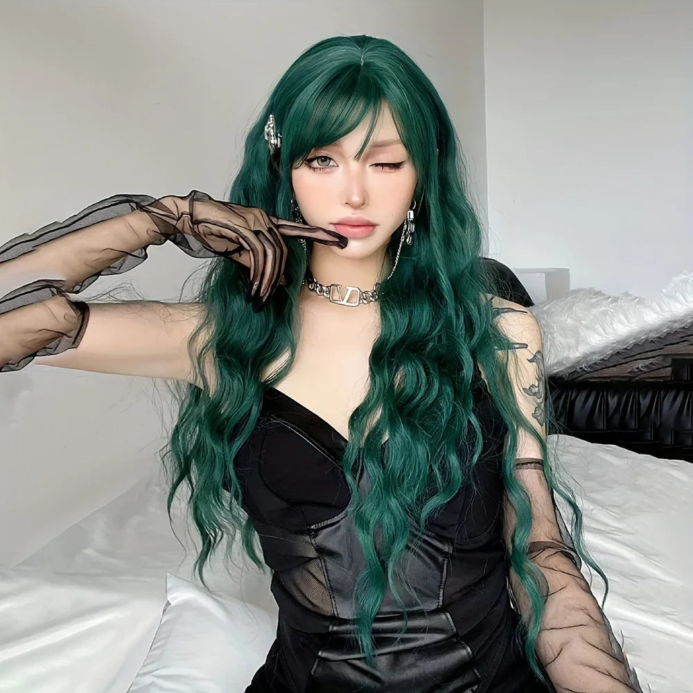 Light Green Long Wavy Synthetic Wig with Bangs – Blackish Green Cosplay & Lolita Style, Heat-Resistant for Women