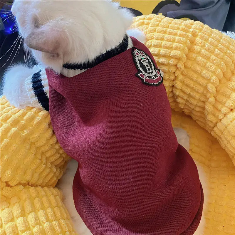 Knitted Dog Sweater for Small to Medium Breeds - Winter Warm Padded V-Neck School Uniform Coat for Chihuahuas and French Bulldogs