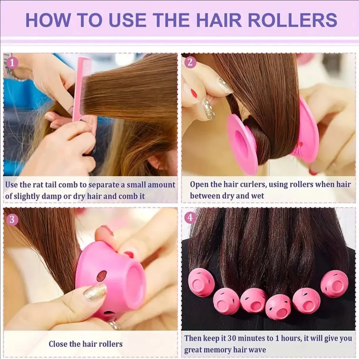 Pink Magic Silicone Hair Curlers – Soft Rubber No Heat, No Clip Hair Rollers with Bag & Hairnet for Curling