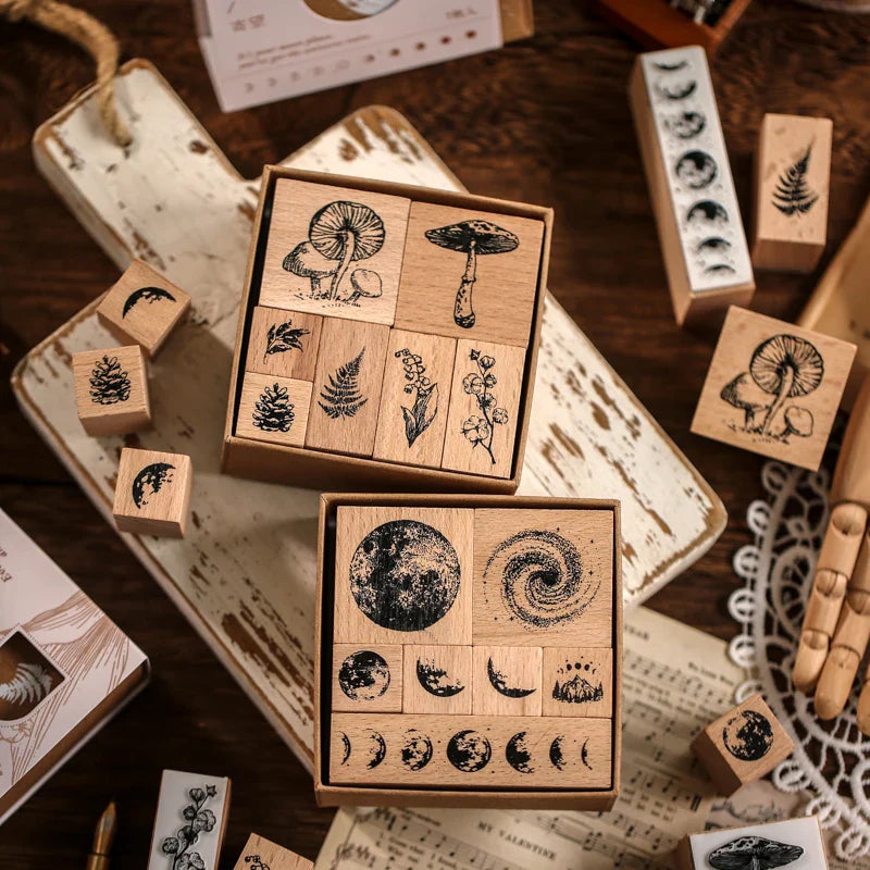 Yoofun 7-Piece Vintage Moon & Plant Wooden Stamps — Rubber Stamps for Scrapbooking, DIY Craft & Stationery
