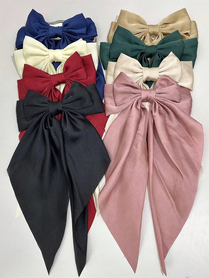 8 Ladies Satin Ribbon Bow Hair Clips – Oversized White, Pink, Red, Blue, Black Long Tail, Spring Clip for Ponytail Hair Accessories
