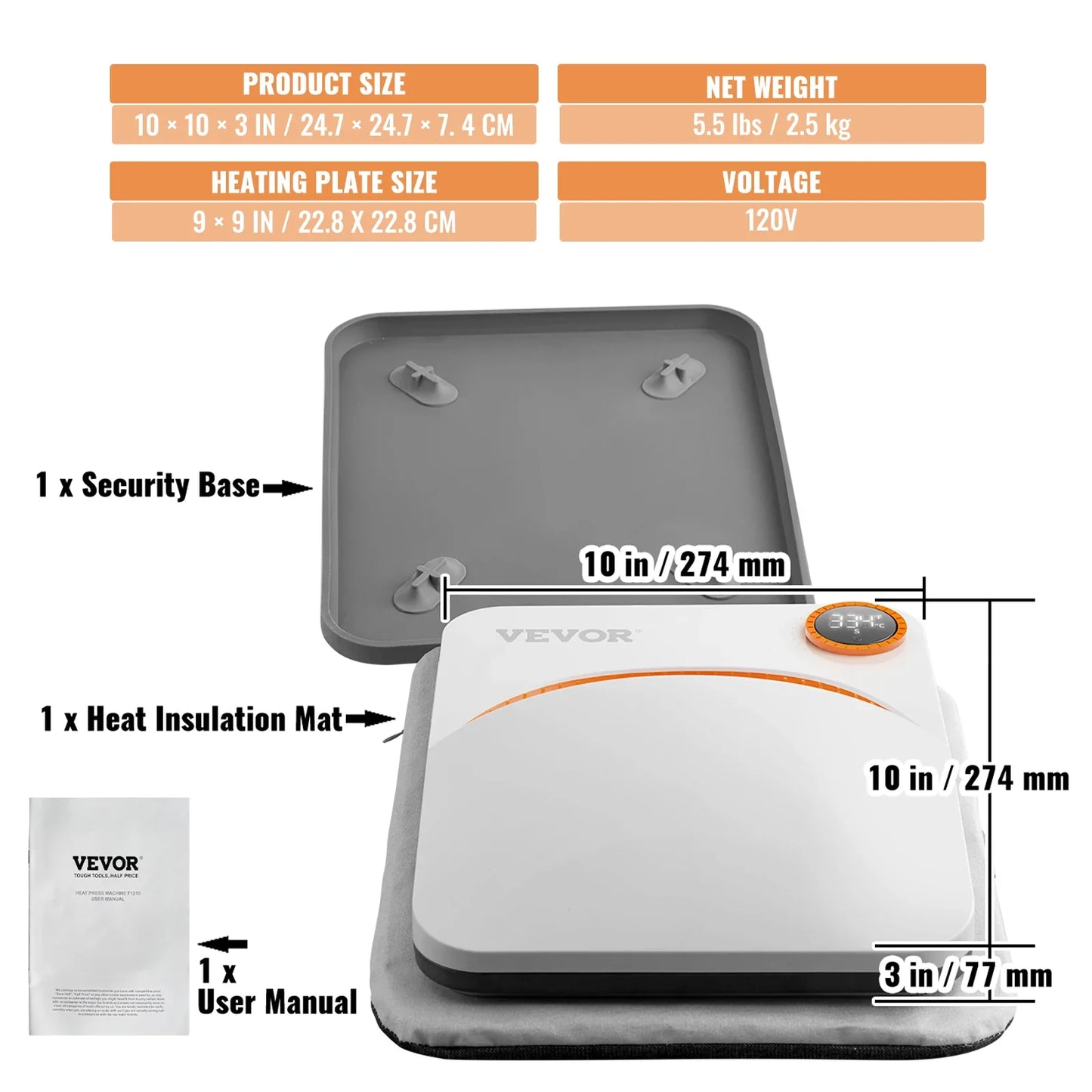 VEVOR Portable Heat Press Machine - 9x9/12x10 Inch, DIY Shirt Printing, Multifunctional Sublimation Transfer for HTV Vinyl, T-Shirt & Bag
