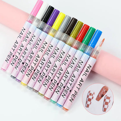12-Piece Colorful Waterproof Nail Art Pens – DIY 3D Manicure Drawing Pens for Abstract Line Painting and Nail Design