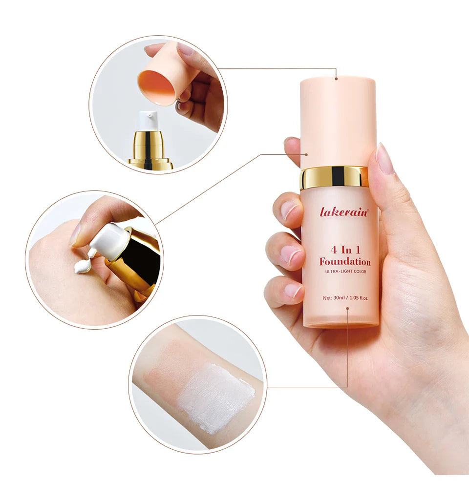 Color-Changing 4-in-1 Foundation – Moisturizing SPF 30+ Longwear Waterproof Makeup Base for Hydrating Travel Coverage