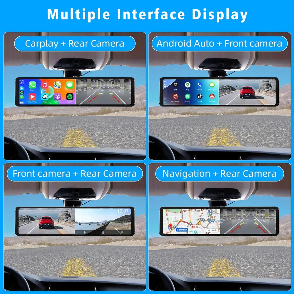 11.26" 4K 2160P Car DVR Dash Cam – CarPlay, Android Auto, GPS, WiFi, Bluetooth, FM, Rear View Mirror Camera & Drive Recorder