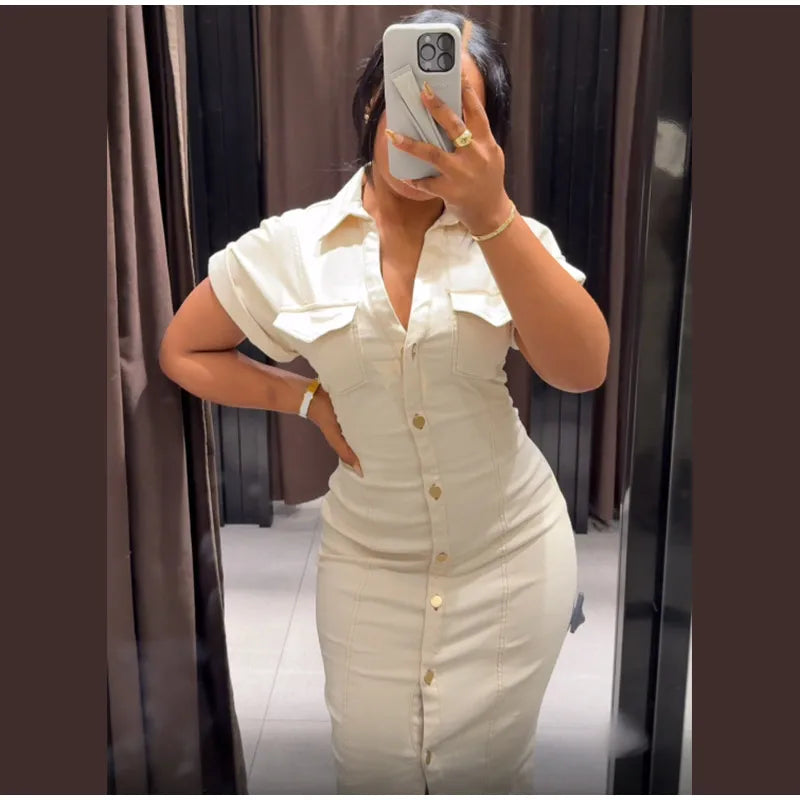 Women’s Chic White Denim Dress – Casual Lapel Long Slim Maxi, Single-Breasted Short Sleeve Summer Dress