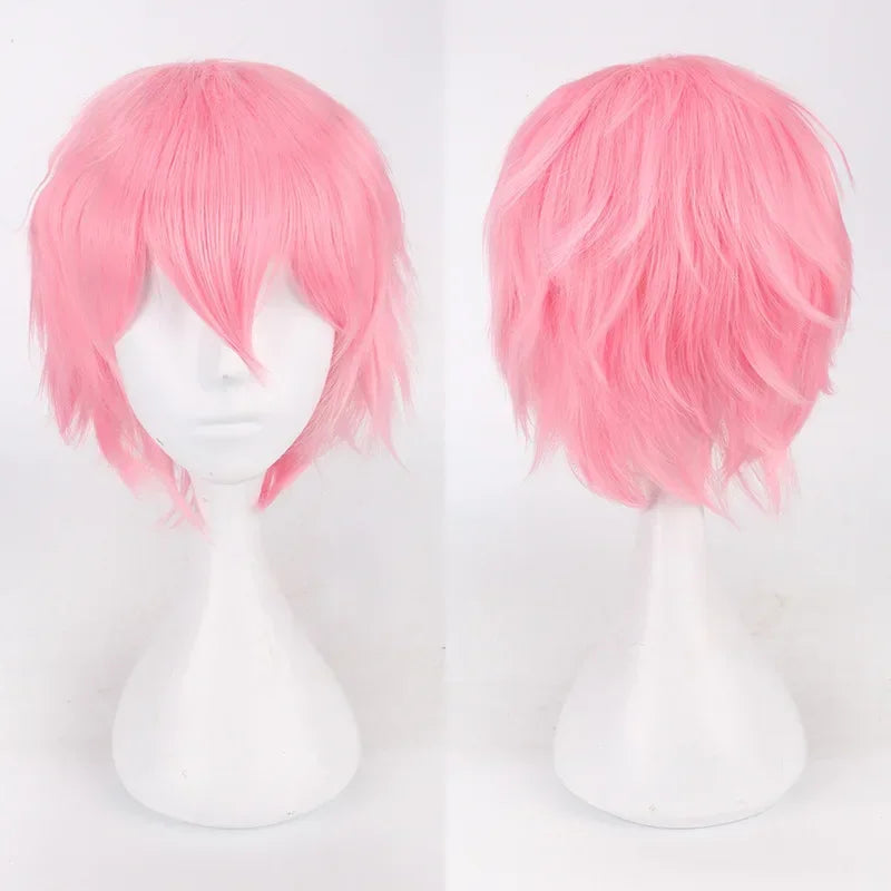 Unisex Synthetic Anime Cosplay Wig – Short Straight Heat-Resistant Hair in Red, White, Pink, Gray & Brown