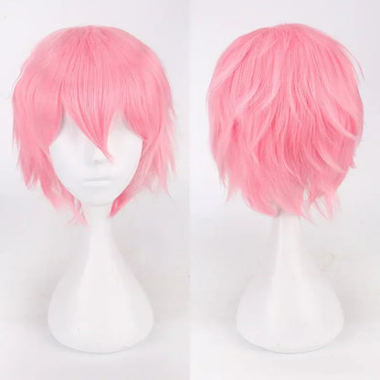 Unisex Synthetic Anime Cosplay Wig – Short Straight Heat-Resistant Hair in Red, White, Pink, Gray & Brown