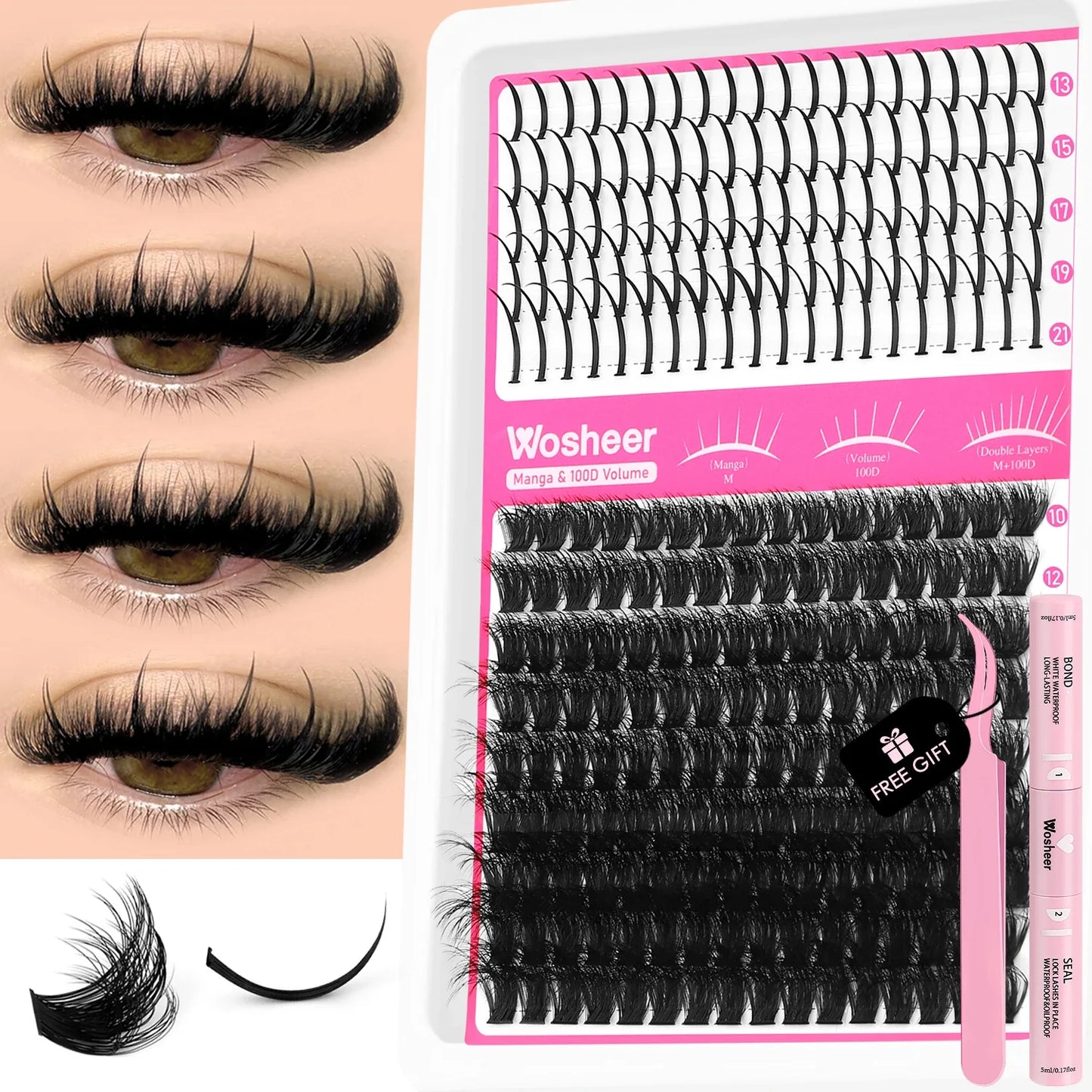 WOSHEER Lash Clusters Kit – Spiky Volume Individual Eyelash Extensions DIY Manga-Style Faux Mink Cluster Lashes