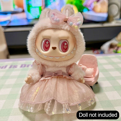 Labubu Pink Ribbon Dress - Cute Fairy Costume Outfit Accessory for 15/17cm Vinyl Doll