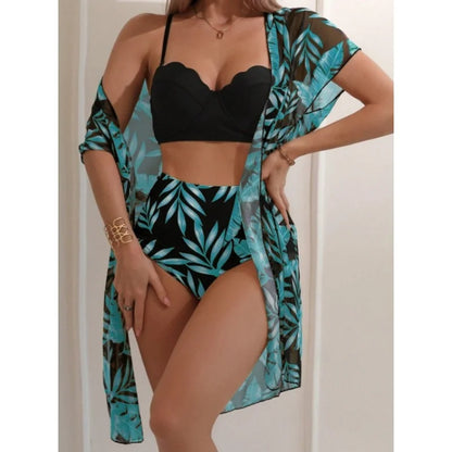 Elegant 3-Piece Vintage Bikini Set for Women – High Waist Swimsuit with Mesh Cover-Up 2025 Bathing Suit