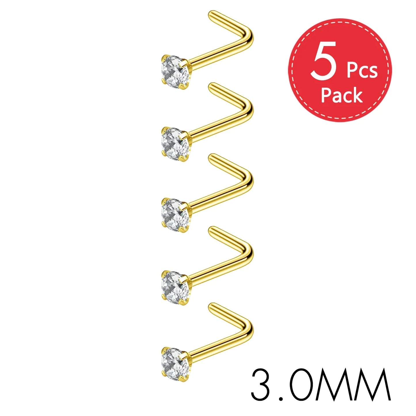 5PCS Stainless Steel Nose Ring Studs — Crystal Nostril Piercing Jewelry for Women & Girls, 1.5/2.0/2.5/3.0mm, 20G