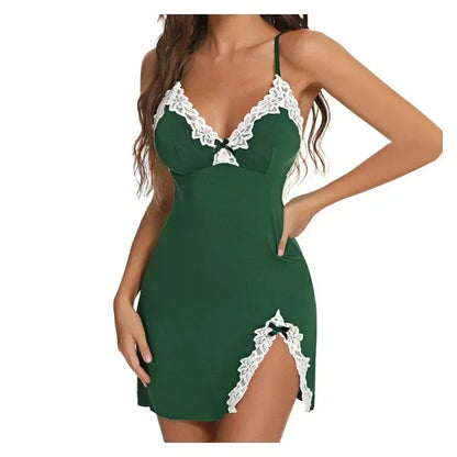 Women’s Sexy Lace Silk Satin Nightgown – V-Neck Sleeveless Sleepwear with Split Hem Soft Lingerie Dress