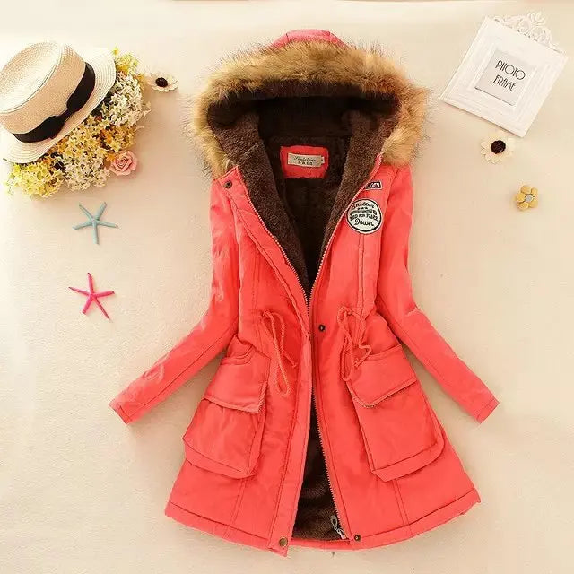 2024 Women's Winter Cotton Jacket – Slim Fit Hooded Parka, Embroidered Padded Warm Casual Overcoat