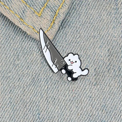 Cartoon Cat with Knife Enamel Pin – Funny Black Kitty Brooch Lapel Badge for Jacket Bag Jewelry Gift