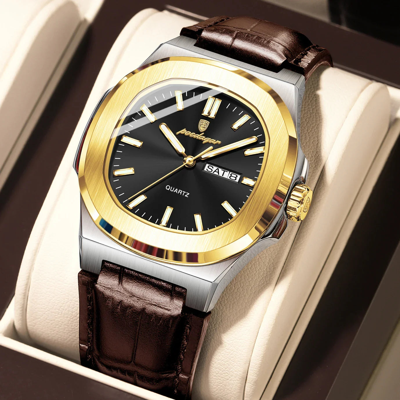 POEDAGAR Luxury Men’s Square Quartz Watch – Luminous Waterproof Leather Strap with Week Calendar