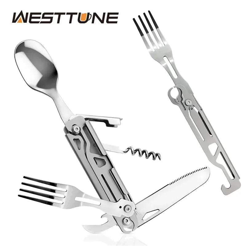 Folding Camping Cutlery Set – Multi-Function Portable Knife, Spoon, Fork, Bottle & Can Opener for Picnic & Outdoor Equipment