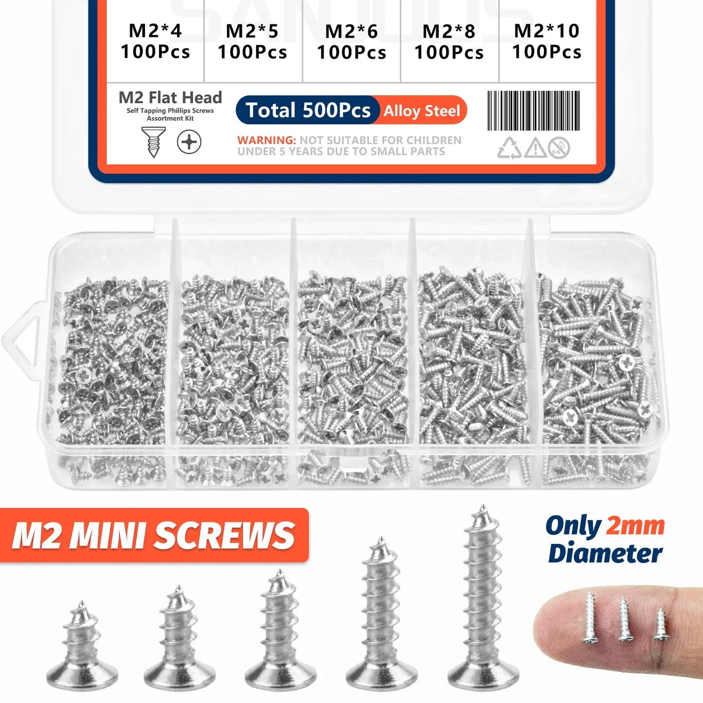 500pcs M2 Self Tapping Screws Kit - Mini Alloy Steel Phillips Flat Head Wood Screw Assortment Set for DIY Projects