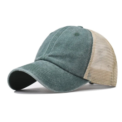Vintage Washed Cotton Cap - Denim Mesh Baseball Hat with UV Protection for Women