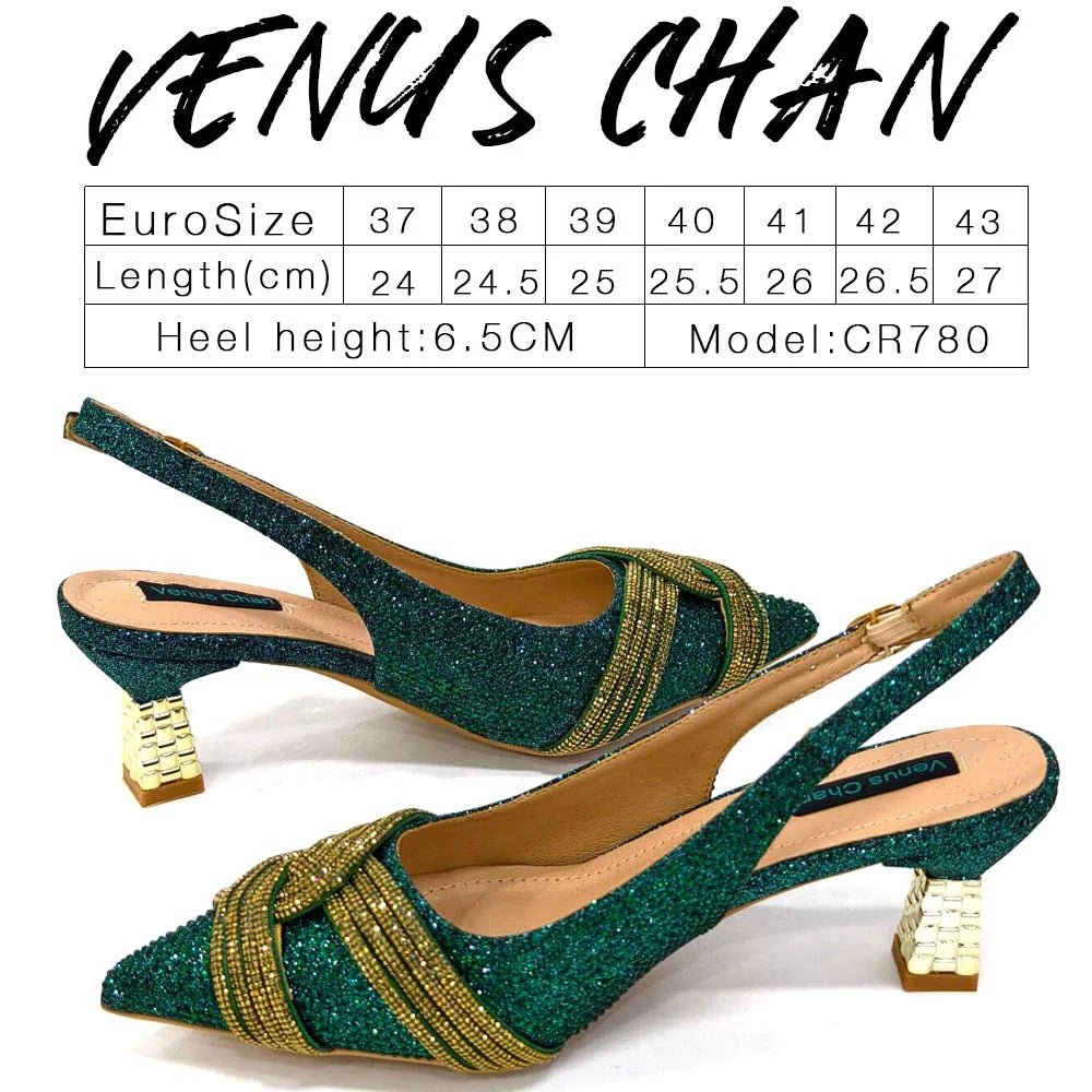 Venus Chan Women’s Champagne Shoe & Bag Set - Rhinestone Heels and Handbag for Nigerian Parties & Weddings