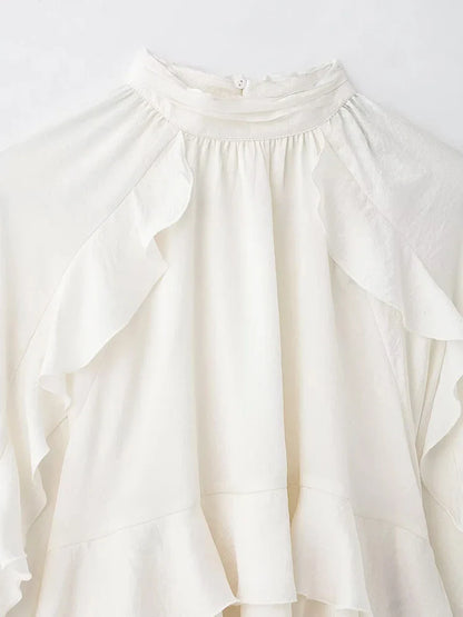 Women’s Long Sleeve Ruffled Blouse – Stand Collar Elegant Chic Fashion Shirt