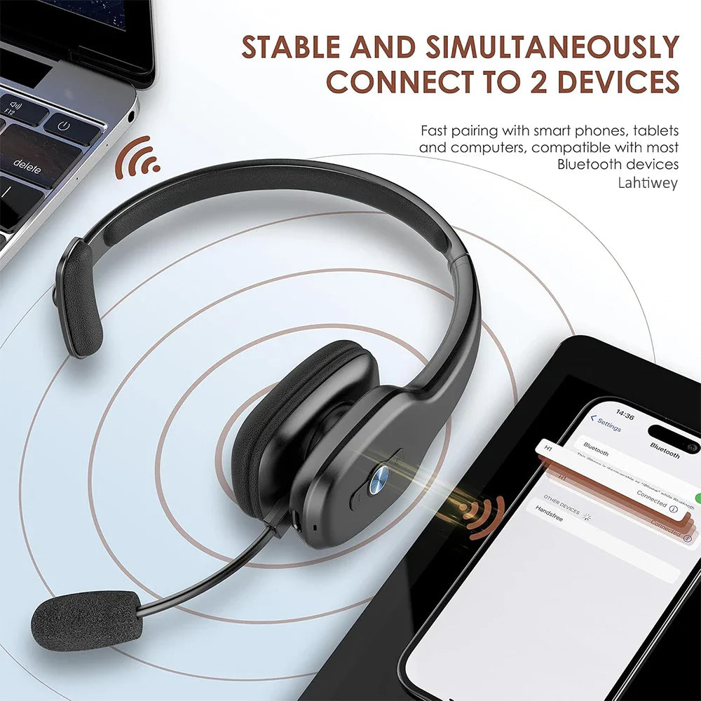 Bluetooth V5.3 Wireless Headset – Truck Driver & Office Hands-Free Call Headphones with Microphone