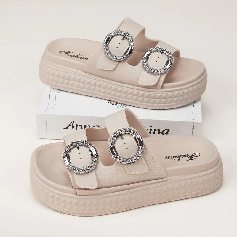 Women’s Thick Sole Sandals – Adjustable Strap Flat Flip Flop Open-Toe Beach Slides for Summer Outdoors