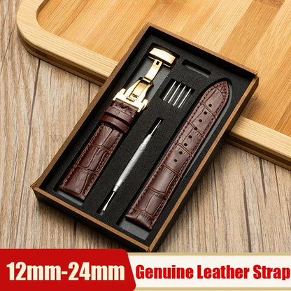 Universal Genuine Leather Watch Band 12–24mm with Butterfly Clasp – Premium Strap for Men & Women (Gift Box Included)