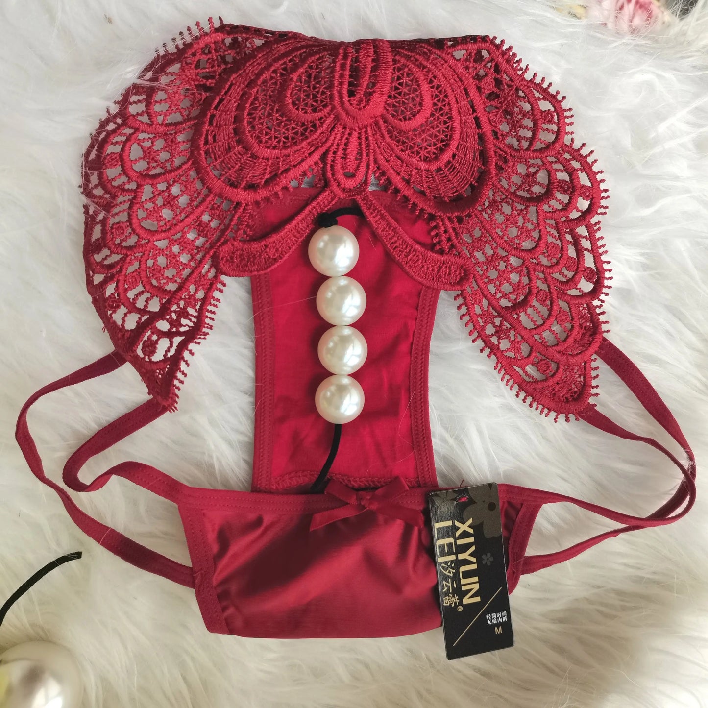Women’s Lace Embroidered Thong Panties – Beaded Faux Pearl Design T-Back G-String Underwear, Hollow Out Sexy Lingerie Intimates