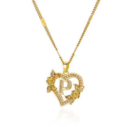 Gold Zircon Heart Initial Necklace – Stainless Steel Letter Pendant Jewelry for Women