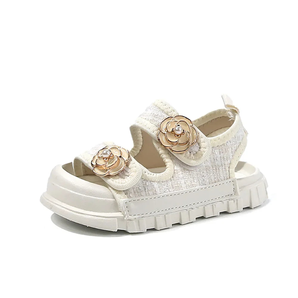 Girls’ Summer Sandals with Pearl Flower, Soft-Soled Beach Shoes for Kids