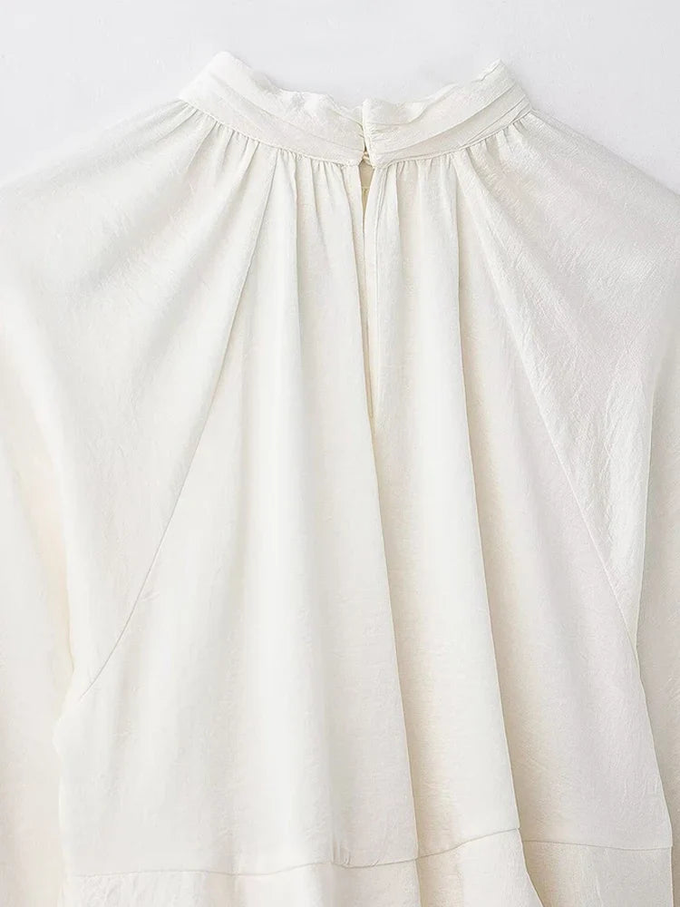 Women’s Long Sleeve Ruffled Blouse – Stand Collar Elegant Chic Fashion Shirt