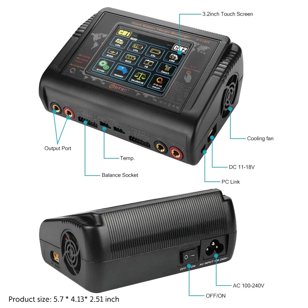 HTRC Smart Battery Charger DC 400W / AC 200W — 12A×2 Balance Charger & Discharger for LiHV, LiFe, Li-Ion, NiCd, NiMH, Pb, LiPo RC Batteries