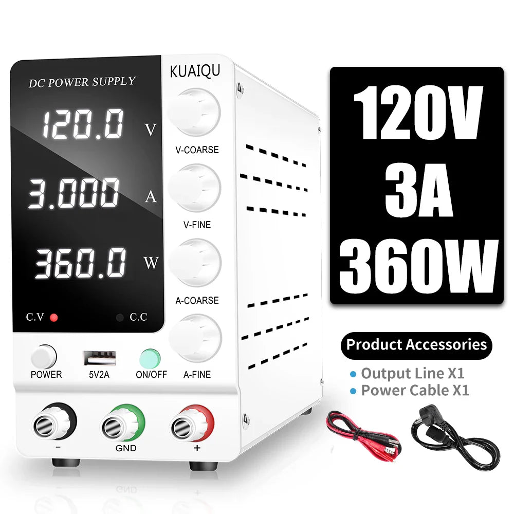 KUAIQU Adjustable DC Power Supply – Lab Bench 30V 10A, 60V 5A, 120V 3A with Preset Current & USB Interface